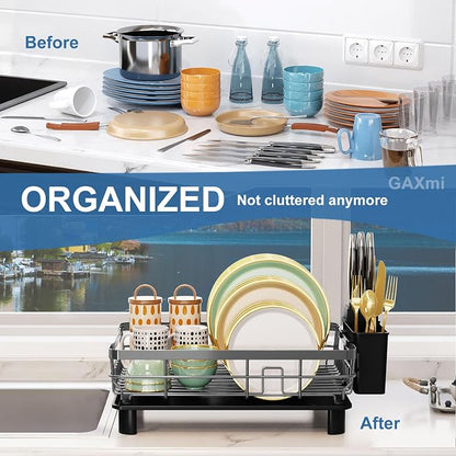 GAXmi Dish Drying Rack with Drainboard for Kitchen Countertop 1-Tier Black | With utensil holder, Over the sink, Quick drainage, Space-saving, Large capacity