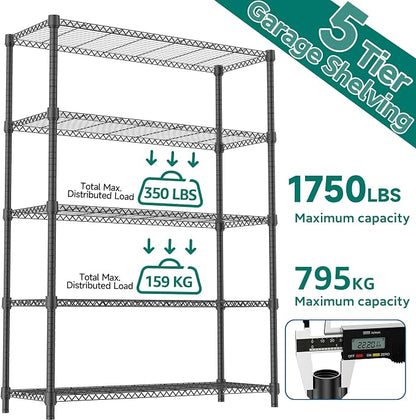 M MZG 1750LBS 47.2" W 5 Tiers Shelf Steel Storage Shelves Shelving Unit Steel Organizer Wire Rack for Home,Kitchen,Office,Garage Black 17.7" D x 47.2" W x 72.4" H