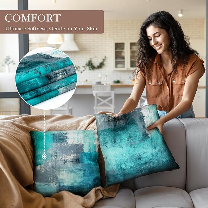 Teal and Gray Throw Pillow Covers Set of 4 18 x 18 Inches,Turquoise Modern Abstract Art Artwork Decorative Pillow Cushion Covers for Couch Bedroom Living Room