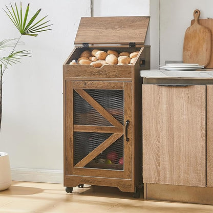 Potato Storage Bin with Wheels, Wood Potato and Onion Storage Cabinet with Lid, Movable Fruit and Vegetable Organizer Box, Large Bread Box for Kitchen