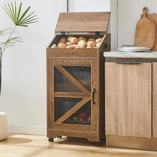 Potato Storage Bin with Wheels, Wood Potato and Onion Storage Cabinet with Lid, Movable Fruit and Vegetable Organizer Box, Large Bread Box for Kitchen