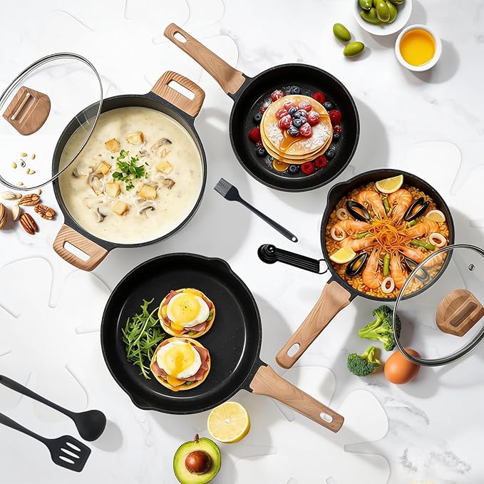 Sweetcrispy Pots and Pans Set, 25 Pcs Nonstick Cookware Set, Induction Kitchen Cooking Set, Non-Toxic Frying Pans & Saucepans (PFOA/PFOS Free) Black
