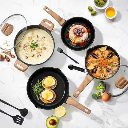 Sweetcrispy Pots and Pans Set, 25 Pcs Nonstick Cookware Set, Induction Kitchen Cooking Set, Non-Toxic Frying Pans & Saucepans (PFOA/PFOS Free) Black