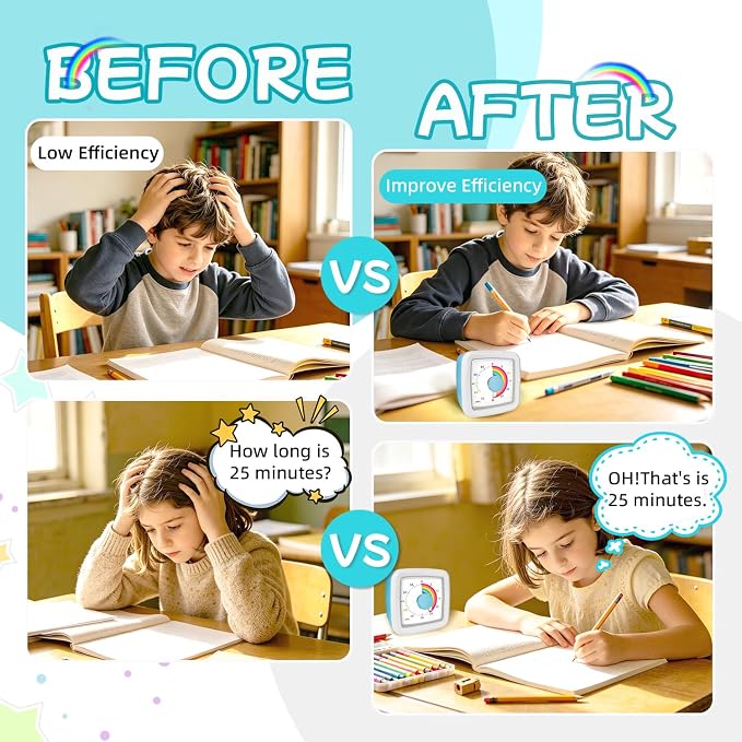 Visual Timer for Kids, 60-Minute Silent Countdown Timer with Rainbow Design, Cube Time Management Tool Timers for Classroom Cooking Homework ADHD, No Loud Ticking Kids Visual Timer,White Blue