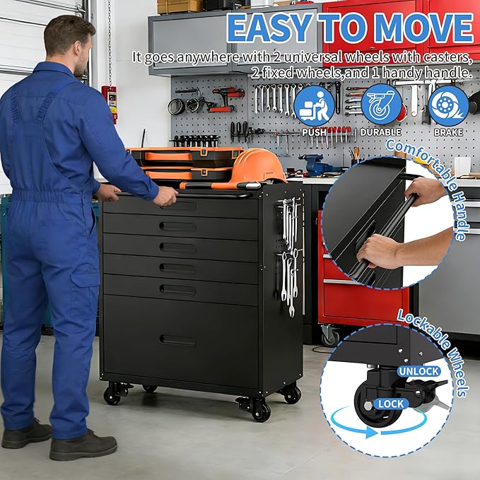 Metal Garage Storage Cabinet with Wheels, Rolling Tool Cabinet with 6 Drawers, Heavy Duty Tool Cabinet with Workbench, Assembly Required, Black