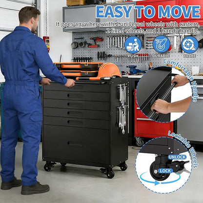 Metal Garage Storage Cabinet with Wheels, Rolling Tool Cabinet with 6 Drawers, Heavy Duty Tool Cabinet with Workbench, Assembly Required, Black