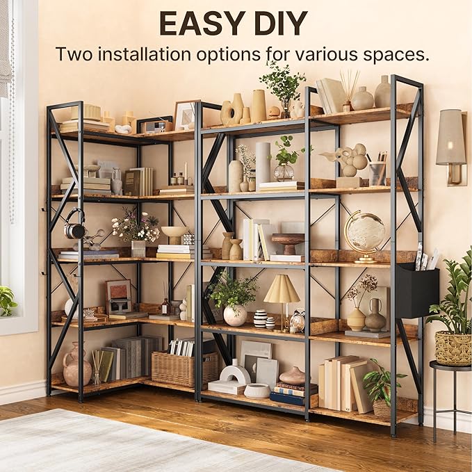 Gizoon 5 Tier Corner Bookshelf, 65" H Reversible Bookshelf, Industrial Bookcase with 4 Hooks and Storage Basket, Sturdy Metal Frame, Adjustable Feet, for Living Room, Kitchen, Office, Retro
