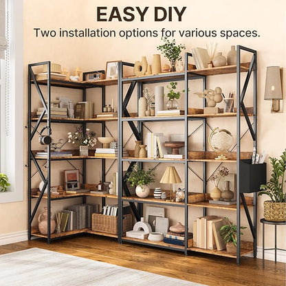 Gizoon 5 Tier Corner Bookshelf, 65" H Reversible Bookshelf, Industrial Bookcase with 4 Hooks and Storage Basket, Sturdy Metal Frame, Adjustable Feet, for Living Room, Kitchen, Office, Retro