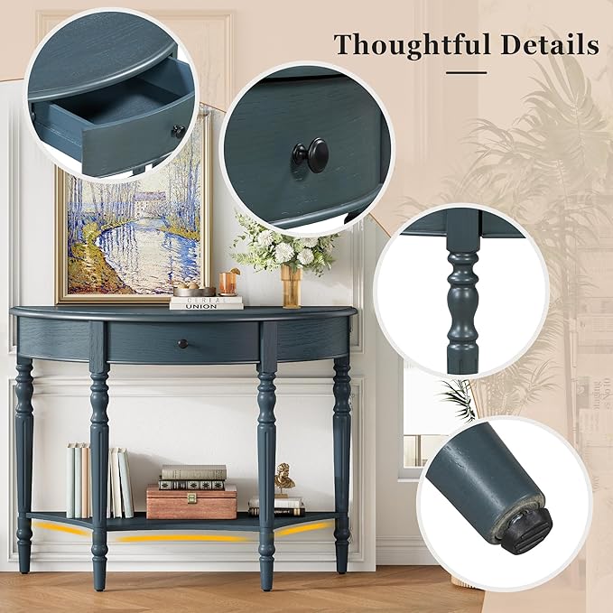Amposei Small Curved Console Table 39-Inch Retro Farmhouse Wood Entry Sofa Table with Drawer & Storage Shelf for Living Room Hallway Entryway Furniture, Navy Blue