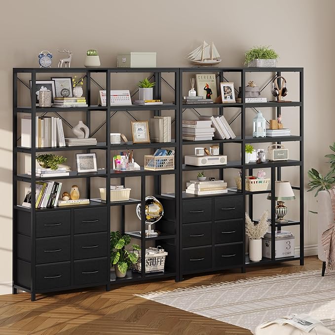 HAUOMS Corner Bookshelf, 7-Tier Bookcases Tall Convertible Book Shelf with 6 Fabric Drawers, Industrial Corner Bookshelves for Living Room, Kitchen, Home Office, Rustic Black