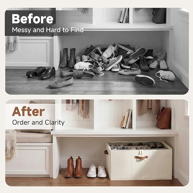 StorageWorks Shoe Organizer for Closet, Fits up to 24 Pairs, Shoe Cubby Storage Containers with Adjustable Dividers and Clear Cover, Beige