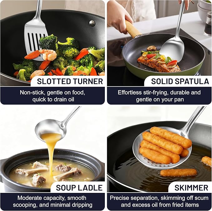 Bestdin Kitchen Utensils Set 12Pcs - Nontoxic Stainless Steel Cooking Utensils, Non-Stick and Heat Resistant Metal Kitchen Gadgets Tools, Cookware, Dishwasher Safe, Mirror Polished