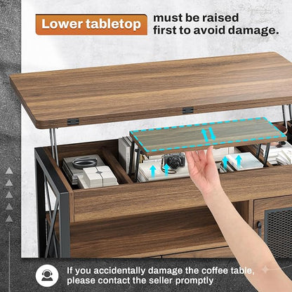 Itaar 40" Lift Top Coffee Table, 4 in 1 Coffee Tables with Storage Cabinet for Living Room, Small Farmhouse Coffee Table with 2 Fabric Drawers & LED Light for Dining Room, Walnut