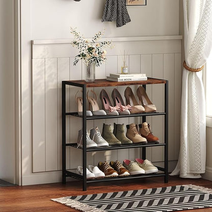 Yusong Shoe Rack Organizer, 4 Tier Industrial Shoe Storage Shelf, Narrow Sturdy Metal Shoe Shelves for Closet Entryway, Rustic Brown