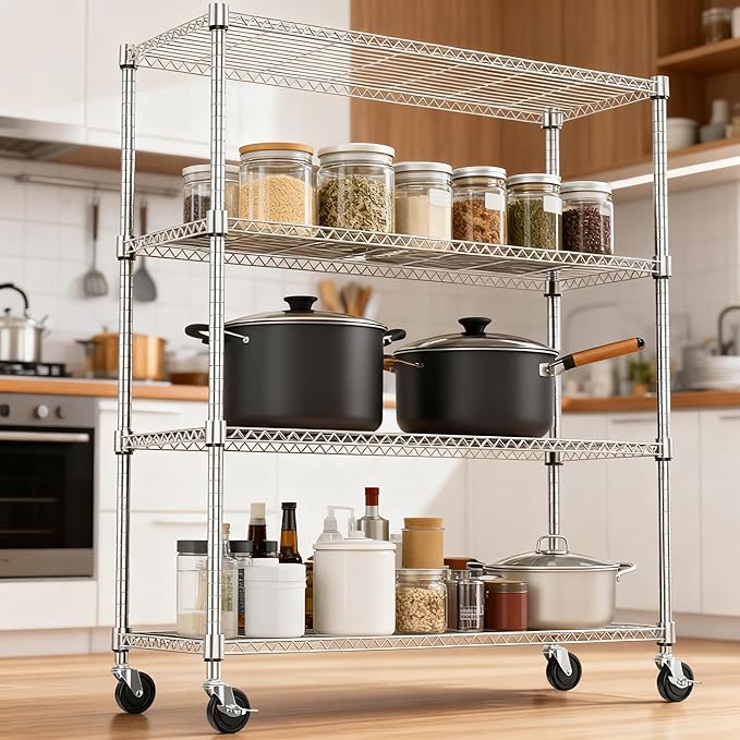 M MZG 1400LBS 47.2" W 4 Tiers Storage Shelves Metal Shelving Unit with Wheels Heavy Duty Garage Shelving Adjustable Wire Shelves for Pantry,Kitchen,Garage,Basement,Chrome 17.7" D x 47.2" W x 62.6" H
