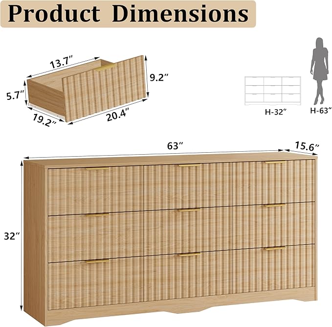 Fluted 9 Drawers Dresser for Bedroom, 63" Wide Wood Dressers Chest of Drawers with Metal Handle, Long Mid Century Modern Dresser TV Stand Storage Organizer for Living Room, Natural Oak