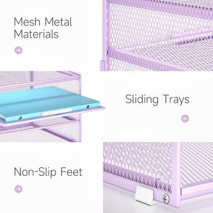 Lavatino 3-Tier Letter Tray Desk Organizer – Purple Mesh Metal Paper File Tray Organizer for Desk, Office Supplies & Home Organization | Fits A4/Letter Paper, Mail, Magazines and Office Accessories