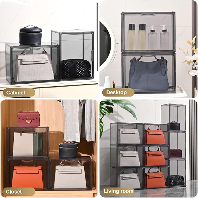 ULENDIS 4 Pack Handbag Storage Organizer for Closet, Transparent Gray Acrylic Display Case for Handbag Purse, Stackable Storage Organizer with Magnetic Door for Wallet Book Cosmetic Toys Display