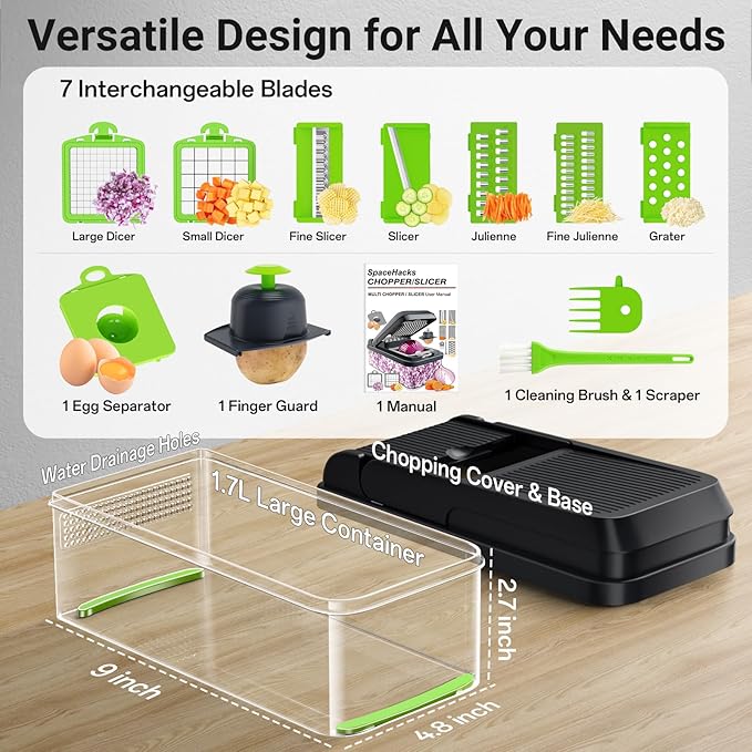 SpaceHacks 12-in-1 Vegetable Chopper, Kitchen Gadgets with 7 Blades, Veggie, Food, Onion Chopper, Cucumber Slicer, Versatile Mandoline, Includes Egg Separator & Finger Guard, Green