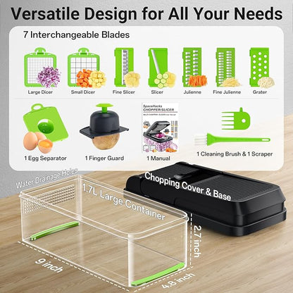 SpaceHacks 12-in-1 Vegetable Chopper, Kitchen Gadgets with 7 Blades, Veggie, Food, Onion Chopper, Cucumber Slicer, Versatile Mandoline, Includes Egg Separator & Finger Guard, Green