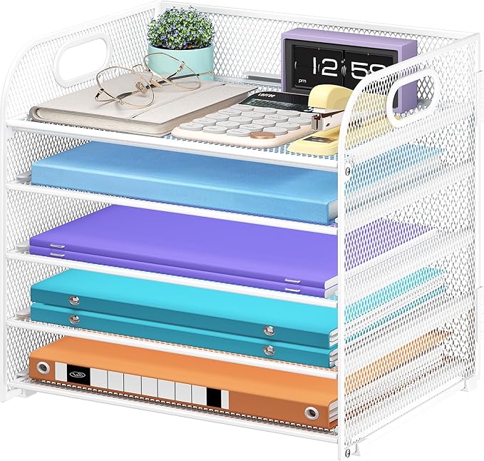 5 Tier Paper Organizer with Handle, White Metal Mesh Desk Organizer File Folder Paper Letter Tray Desktop Document Sorter for Classroom, School, Office Accessories Organization and Storage