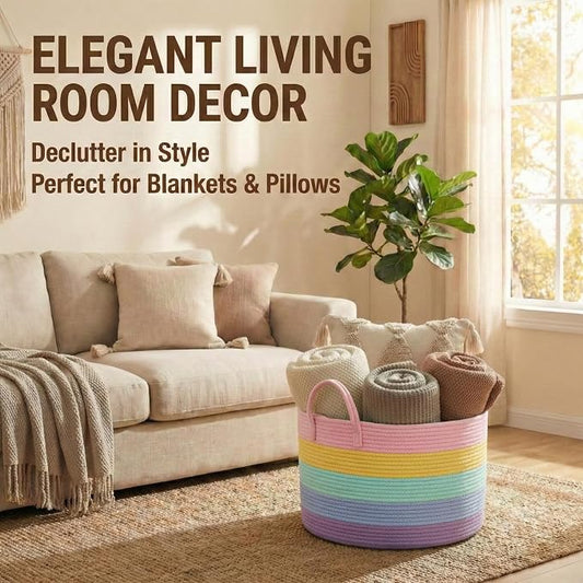 JMvicyroam 115L Extra Large Blanket Basket for Living Room - Woven Cotton Rope Laundry Hamper with Reinforced Handles - Storage Bin for Pillows, Comforters & Toys - Machine Washable,Rainbow