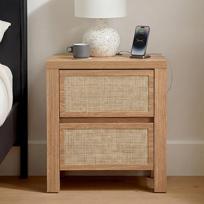 XIAO WEI Rattan Nightstand with Charging Station, Boho Bedside Table with 2 Drawers, Farmhouse End Table for Bedroom, Wood Accent Bed Side Table with Storage, Reclaimed Light Oak