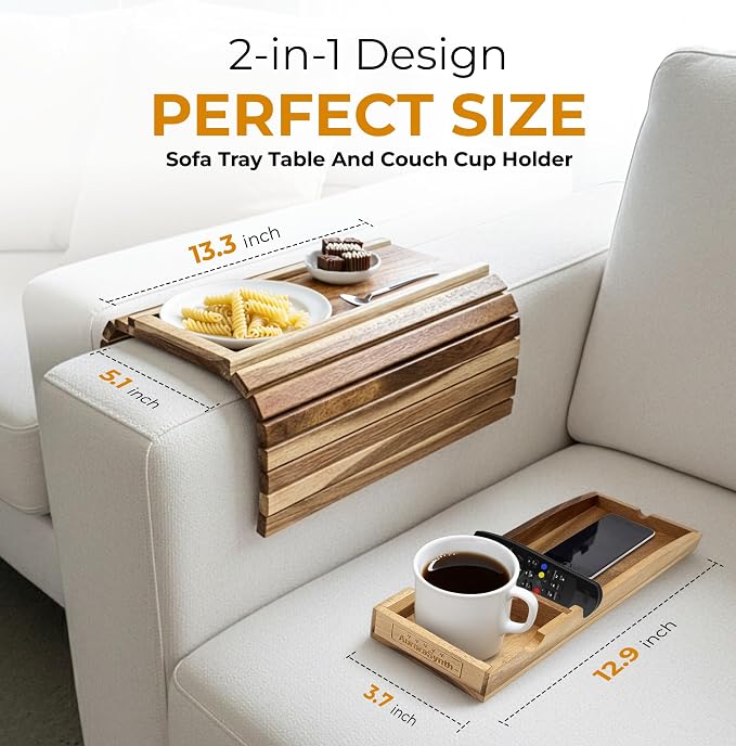 Couch Cup Holder Tray With 2 Cork Coasters, Couch Arm Tray, 2 In 1 Anti-Slip Foldable Sofa Arm Tray, Couch Armrest Table, Anti-Spill Couch Arm Table for Drinks TV Remote Cellphone Snacks (Acacia Wood)