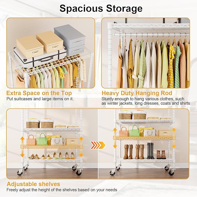 P9 Rolling Clothes Rack Heavy Duty, Clothing Racks for Hanging Clothes, 4 Tiers Garment Rack with Wheels, Metal Portable Closet Rack, 35.5" L X 15.8" W X 80.5" H, Max Load 445 LBS, White