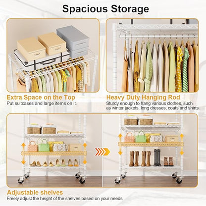 P9 Rolling Clothes Rack Heavy Duty, Clothing Racks for Hanging Clothes, 4 Tiers Garment Rack with Wheels, Metal Portable Closet Rack, 35.5" L X 15.8" W X 80.5" H, Max Load 445 LBS, White