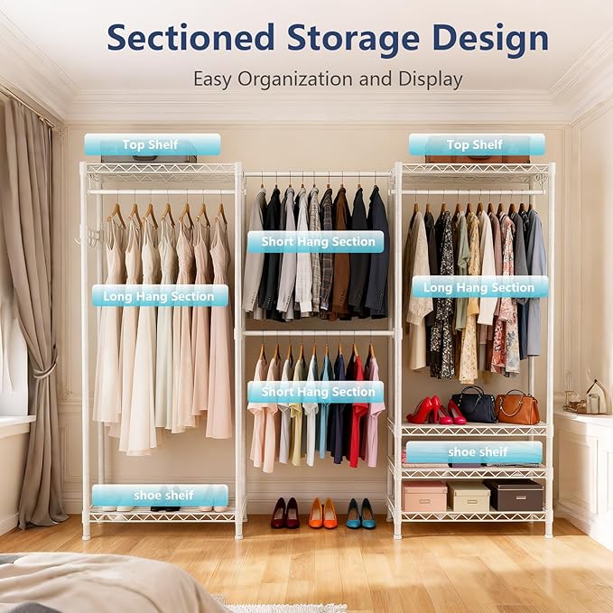 Heavy-Duty Clothes Rack, Expandable Closet Storage Unit with 6 Shelves and 4 Hanger Rods, Freestanding Bedroom Wardrobe Closet, White
