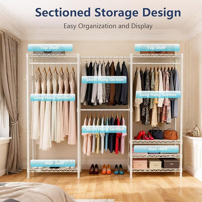 Heavy-Duty Clothes Rack, Expandable Closet Storage Unit with 6 Shelves and 4 Hanger Rods, Freestanding Bedroom Wardrobe Closet, White