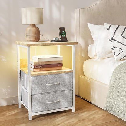Fixwal Night Stand with Charging Station, LED Nightstand with U-S-B Ports and Outlets, 2 Fabric Storage Drawers with PU Finish, Small Bedside Table, Natural Oak & Light Grey