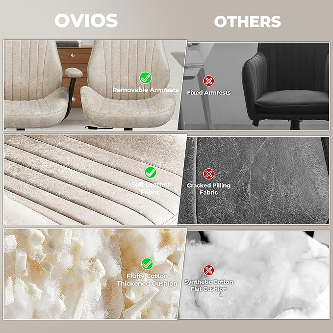 ovios Home Office Chair, Mid-Century Modern Faux Suede Leather Ergonomic Chairs, High Back Comfy Computer Swivel Rolling Task Executive Armchair, Beige