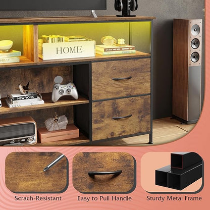 WLIVE TV Stand Dresser for 50,55,60 inch TV, Entertainment Center with LED Lights & Fabric Drawers, Dresser TV Stand for Bedroom and Living Room with Open Shelves, Rustic Brown