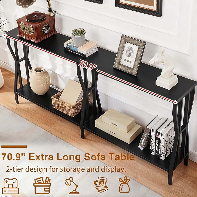 HOMISSUE Sofa Console Table, 70.9" Extra Long Sofa Table with 2-Tier Storage, Industrial Narrow Console Tables Behind Couch, Hallway Table for Entryway, Living Room, Black