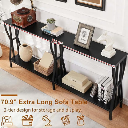 HOMISSUE Sofa Console Table, 70.9" Extra Long Sofa Table with 2-Tier Storage, Industrial Narrow Console Tables Behind Couch, Hallway Table for Entryway, Living Room, Black