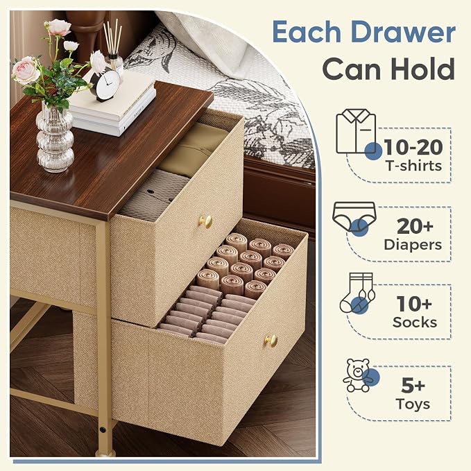 DUMOS Nightstand Small Dresser with 2 Fabric Drawers Side Tables Bedroom End Table Kids Bedside Storage Furniture for 20 inch Tall Night Stand for Closet, Entryway, College Dorm, Khaki 2Pack
