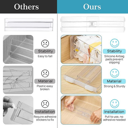 Vtopmart 4 Pack Drawer Dividers for Clothes, 4" High 13"-22" Adjustable Expandable Dresser Drawer Organizer, Clear Plastic Separators for Dresser, Baby Clothing, Underwear, Cosmetic, Toiletries