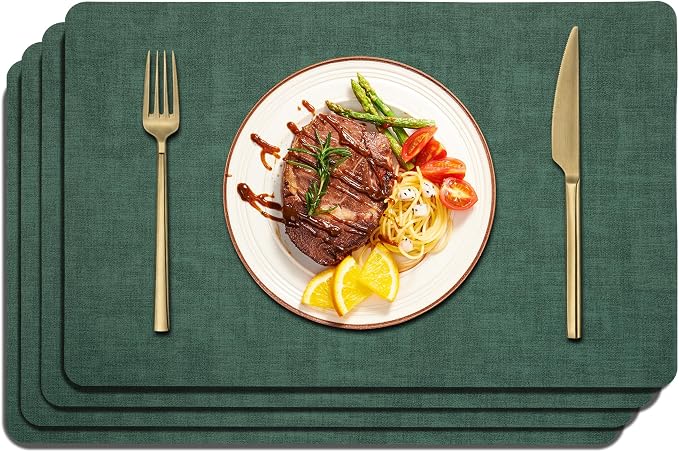 Maxpearl Faux Leather Placemats Set of 4 - Waterproof - Wipe Clean - Heat Resistant - Anti Slip Dining Table Place Mats, Suitable for Indoor & Outdoor Use, 17’’×12’’, Dark Green