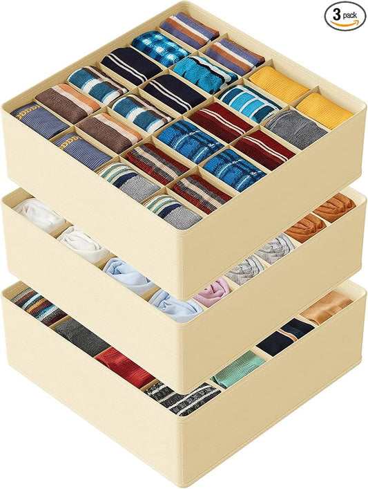 SpaceAid Sock Drawer Organizer Divider 3 Pack, 64 Cell Dresser Closet Nursery Underwear Organizers Storage Bins for Organizing Socks Underwear Ties Belts (Beige)