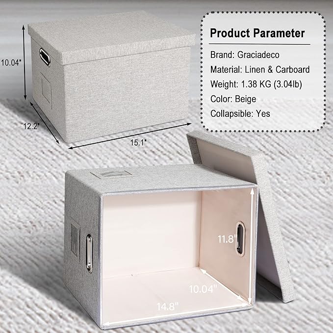 Graciadeco 4-Pack Modern Minimalist Beige Collapsible Linen File Folder Box Office Document Storage Filing Bin with Lid for Letter Legal Size Hanging Folders