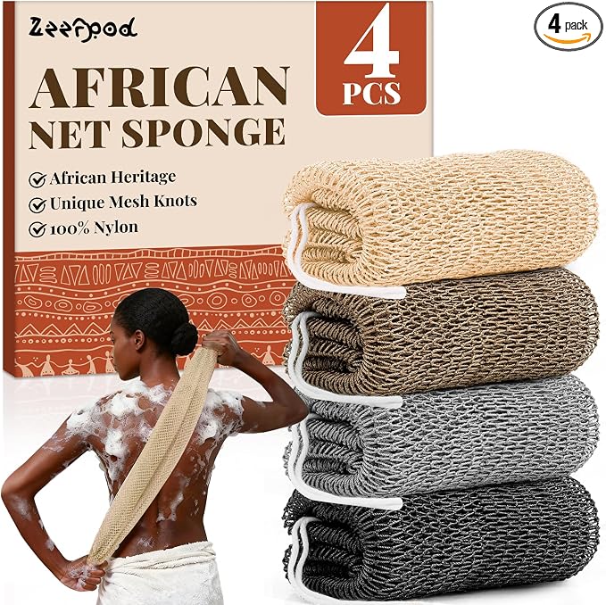 African Net Sponge Authentic-4 Packs African Exfoliating Net Sponge,Bath Sponges for Shower,42 inch Long for Normal to Sensitive Skin, for Daily use, Body Exfoliator Shower(Linen&Brown&Black&Grey)