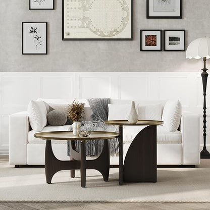 ACEDÉCOR Wood Living Room Table Set, Round Coffee Table Set with1 End Table, 2 Piece Living Room Set with Walnut Geometric Legs and Brushed Gold Tray Top, Easy to Clean