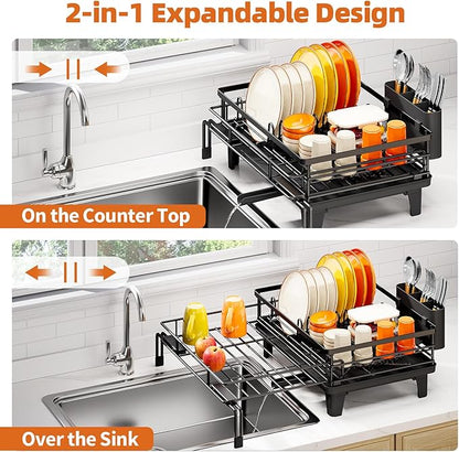 Urackify Dish Drying Rack - Large Dish Racks for Kitchen Counter, Extendable Sink Dish Drainer, Rustproof Dish Strainer with Utensil Holder, 1 Tier Black