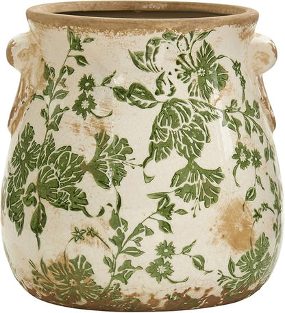 Nearly Natural 6.5in Ceramic Decorative Vase Tuscan Style Green Floral Scroll Design for Indoor Home Decor Centerpieces Tables Small Flower Vases
