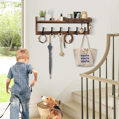 Coat Rack Wall Mount with Shelf, 27.5" Entryway Wall Hanging Shelf, Coat and Key Hanger with 10 Dual Hooks, Mail Organizer and Key Holder Hat Rack for Wall, Wood Coat Hooks with Storage