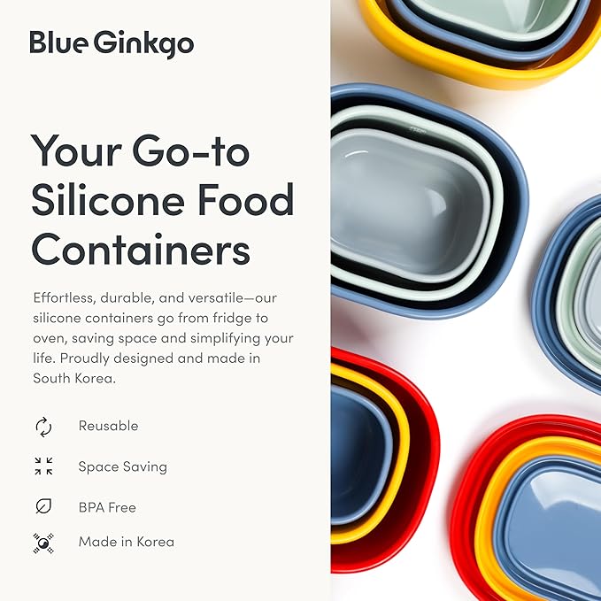 BLUE GINKGO Nesting Silicone Containers - Set of 3 Hard-Shell Silicone Food Storage Containers | BPA Free, Airtight, Dishwasher and Freezer Safe (6.7oz, 10oz, 20oz) - Yellow