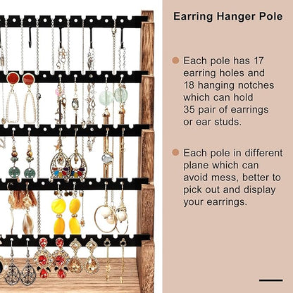 Pinzoveco Earring Organizer, 5 Layer Earring Holder Organizer with Necklace Holder Pole, Rustic Wood Jewelry Organizer Stand Display for Stud Earring Bracelet Necklace Ring, 175 Earring Holes