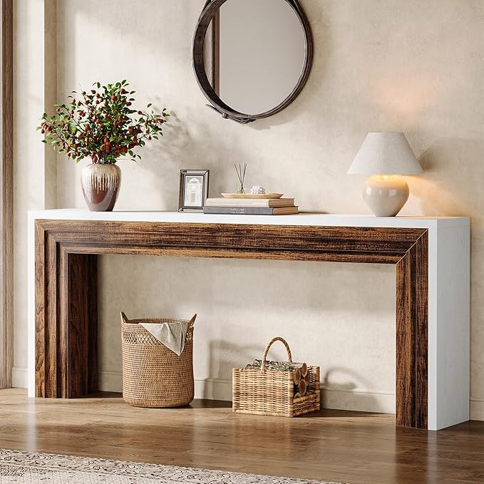 Tribesigns 70.9-Inch Long Console Table, Farmhouse Narrow Wooden Sofa Table Behind The Couch for Living Room, Entryway, Hallway, Foyer, White + Brown